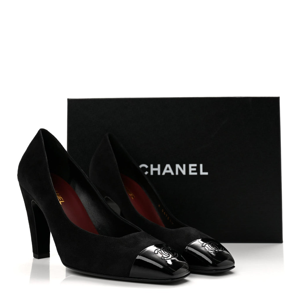 Suede Patent Calfskin Cap Toe CC Pumps 39 Black