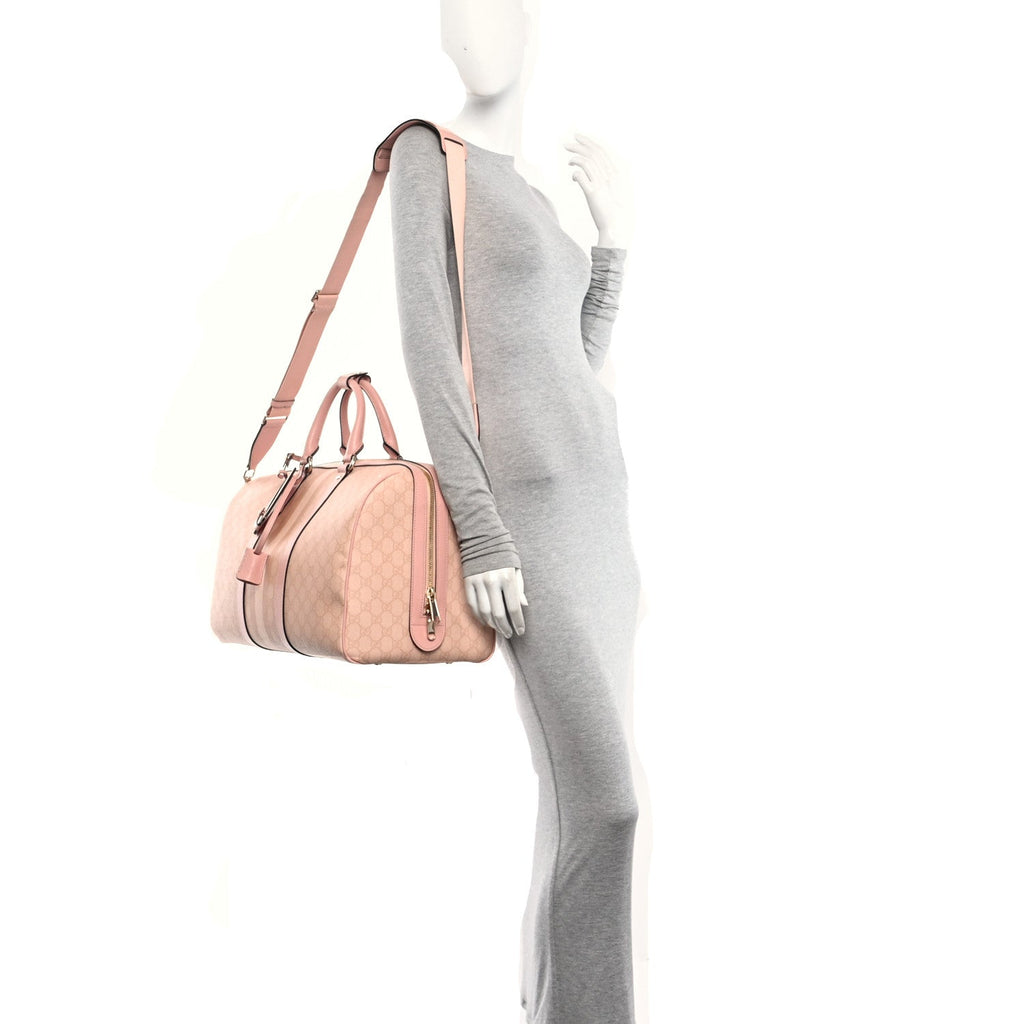 GG Supreme Monogram Textured Dollar Calfskin Web Medium Savoy Duffle Bag Rose Pink