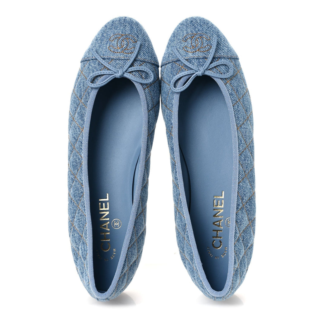 Denim Quilted CC Cap Toe Ballerina Flats 40.5 Light Blue