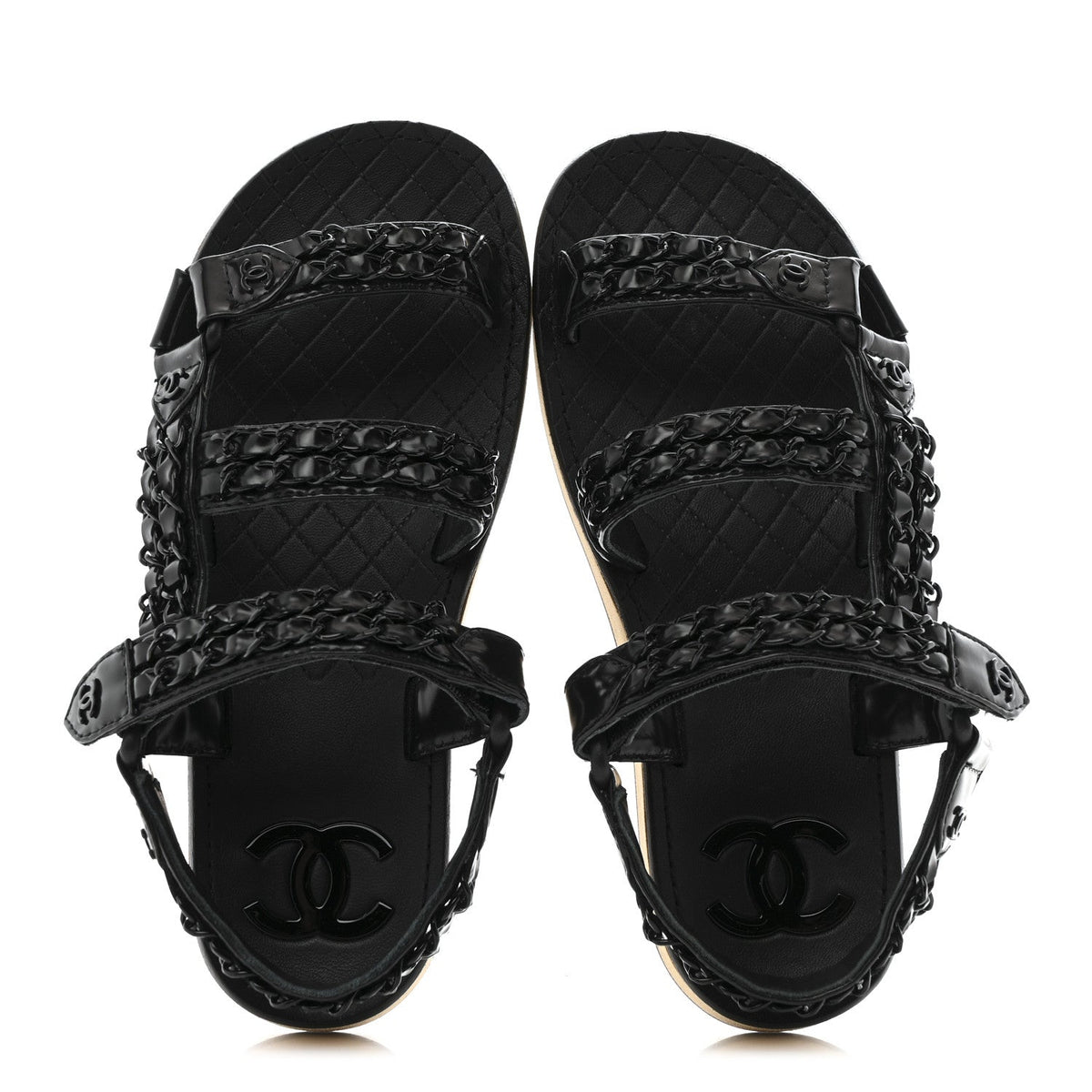 Laminated Goatskin Chain Sandals 35 Black