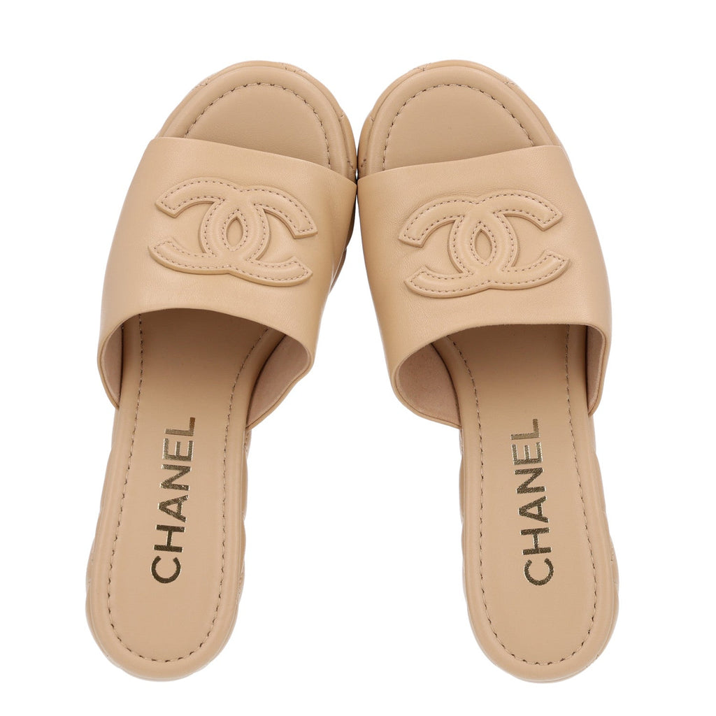 Lambskin Quilted CC Platform Mules 37.5 Beige