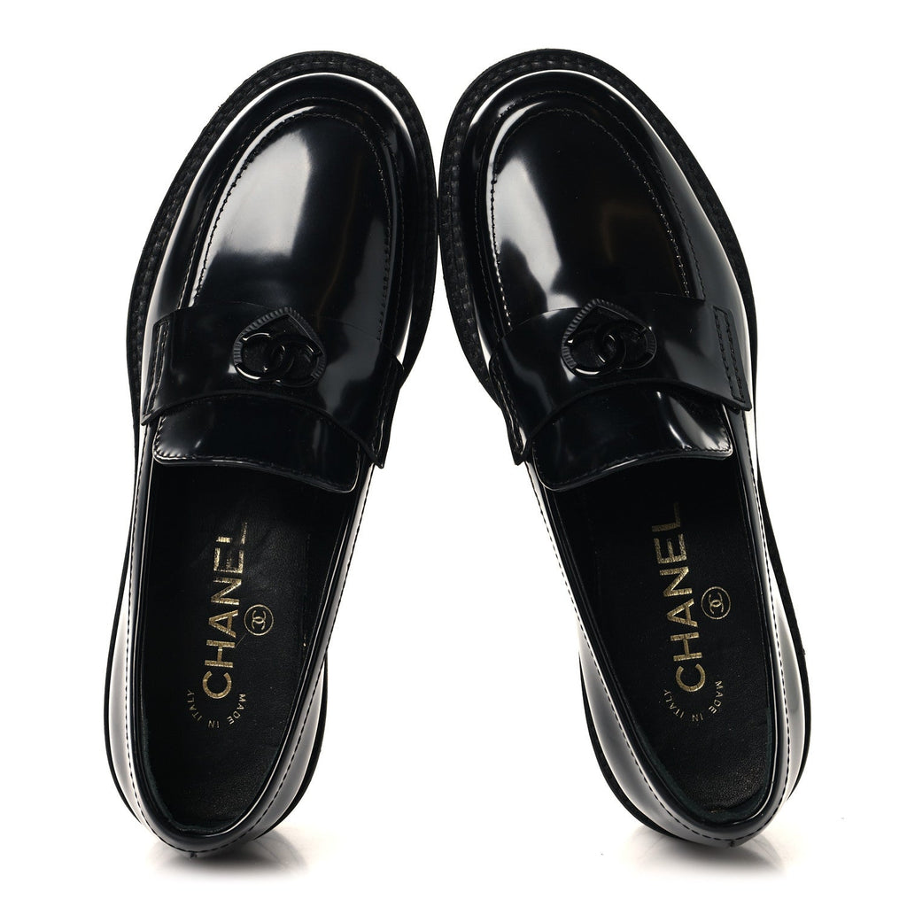 Shiny Calfskin Quilted CC Mocassin Loafers 37 Black