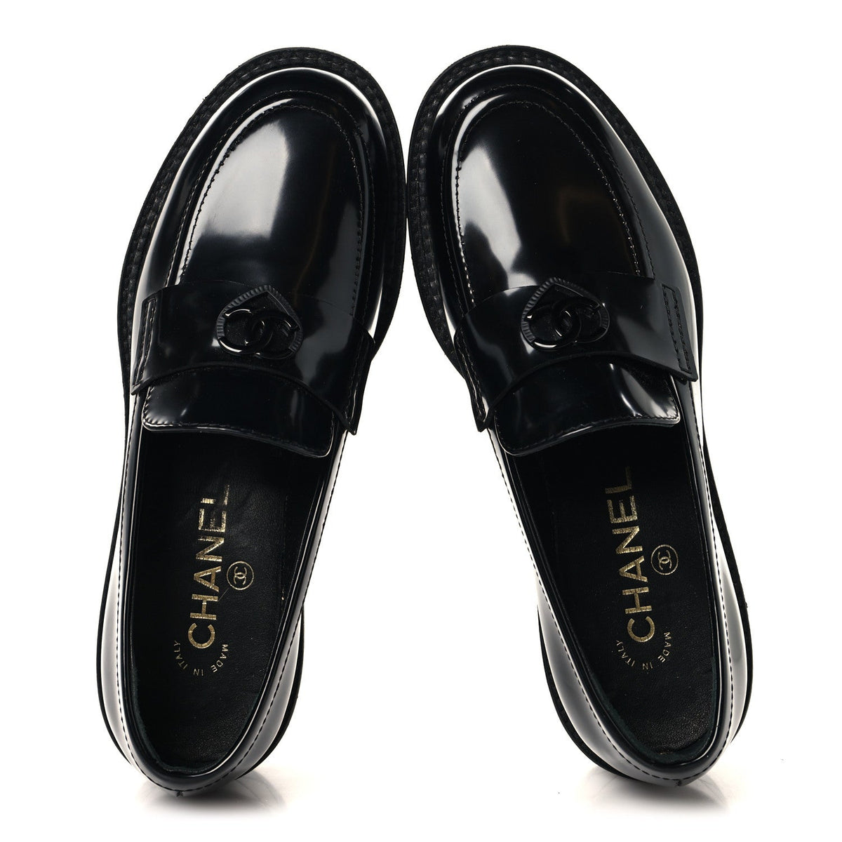 Shiny Calfskin Quilted CC Mocassin Loafers 37 Black