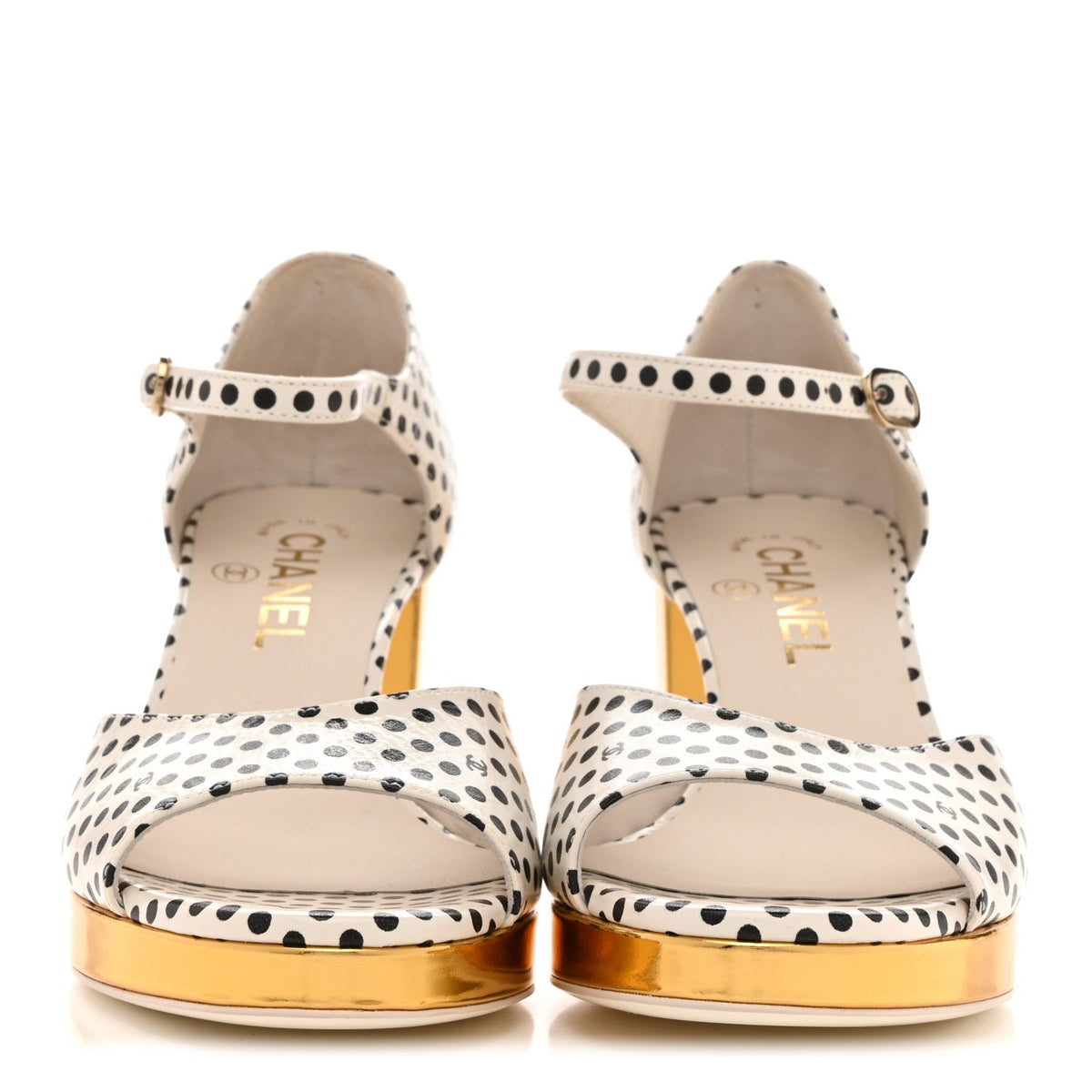 Printed Calfskin Polka Dot CC Platform Sandals 36.5 Ivory Black 37 Ivory Black