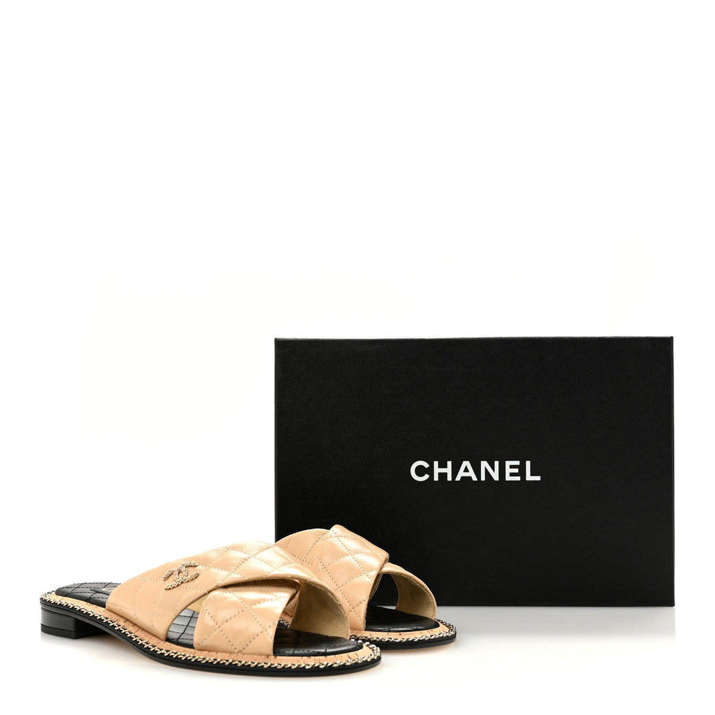 Shiny Lambskin Quilted Metal Chain CC Sandals 36.5 Beige