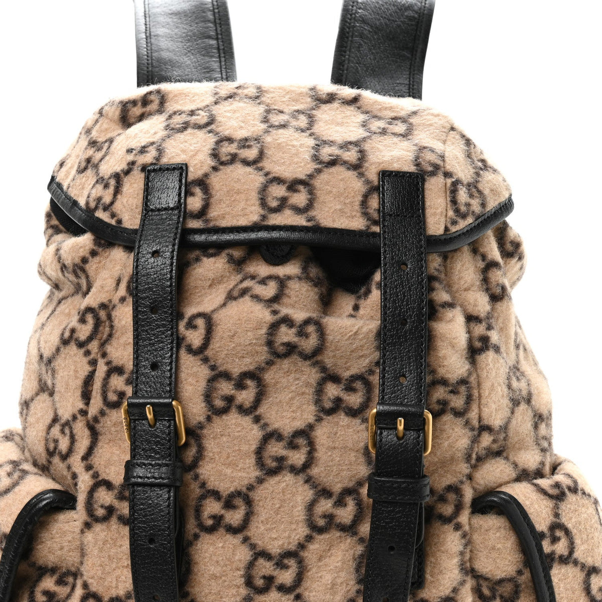 Covered Wool GG Monogram Small Double Buckle Backpack Beige Ebony Black