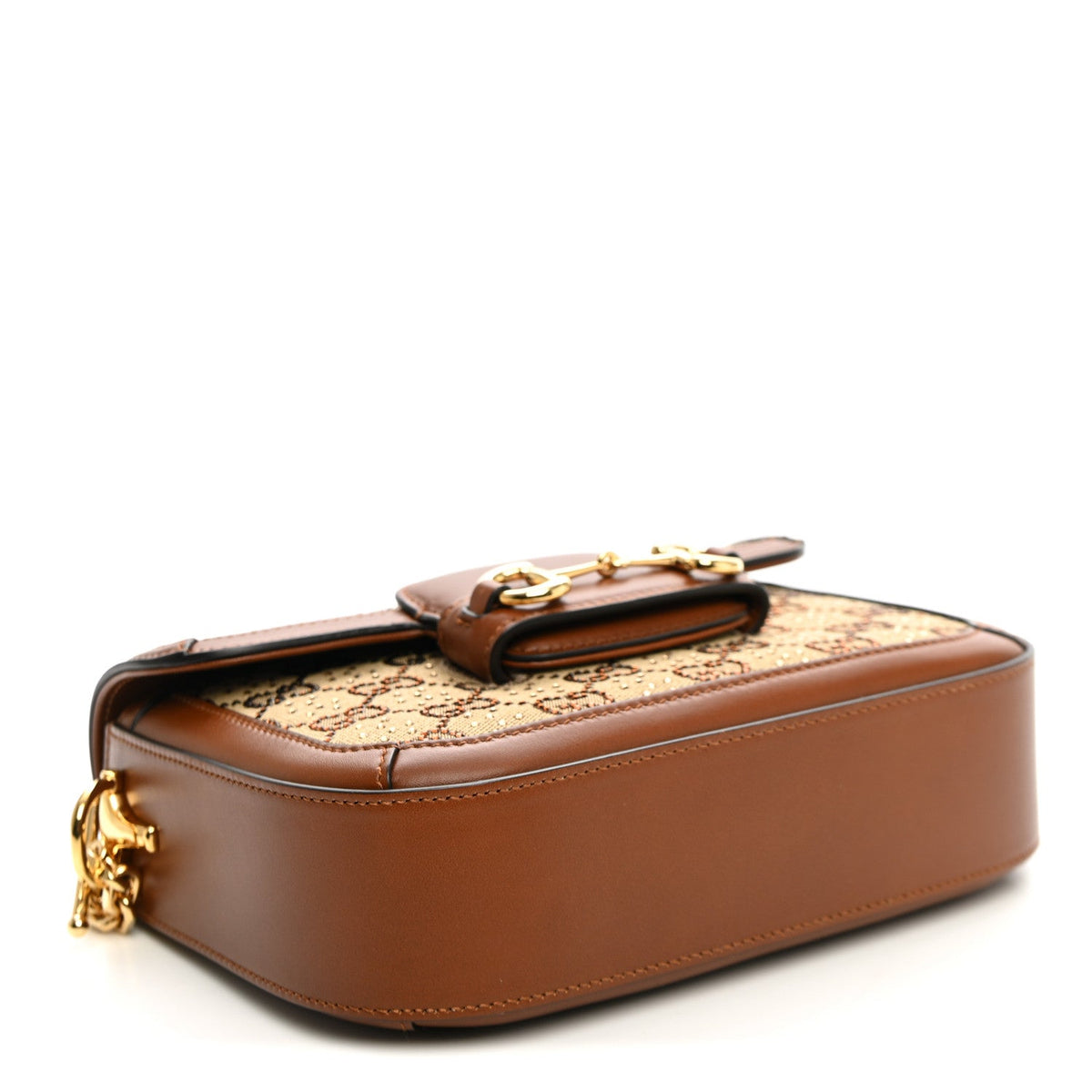 New Canvas Charisma Calfskin Crystal GG Monogram Mini Horsebit 1955 Shoulder Bag Camel Ebony