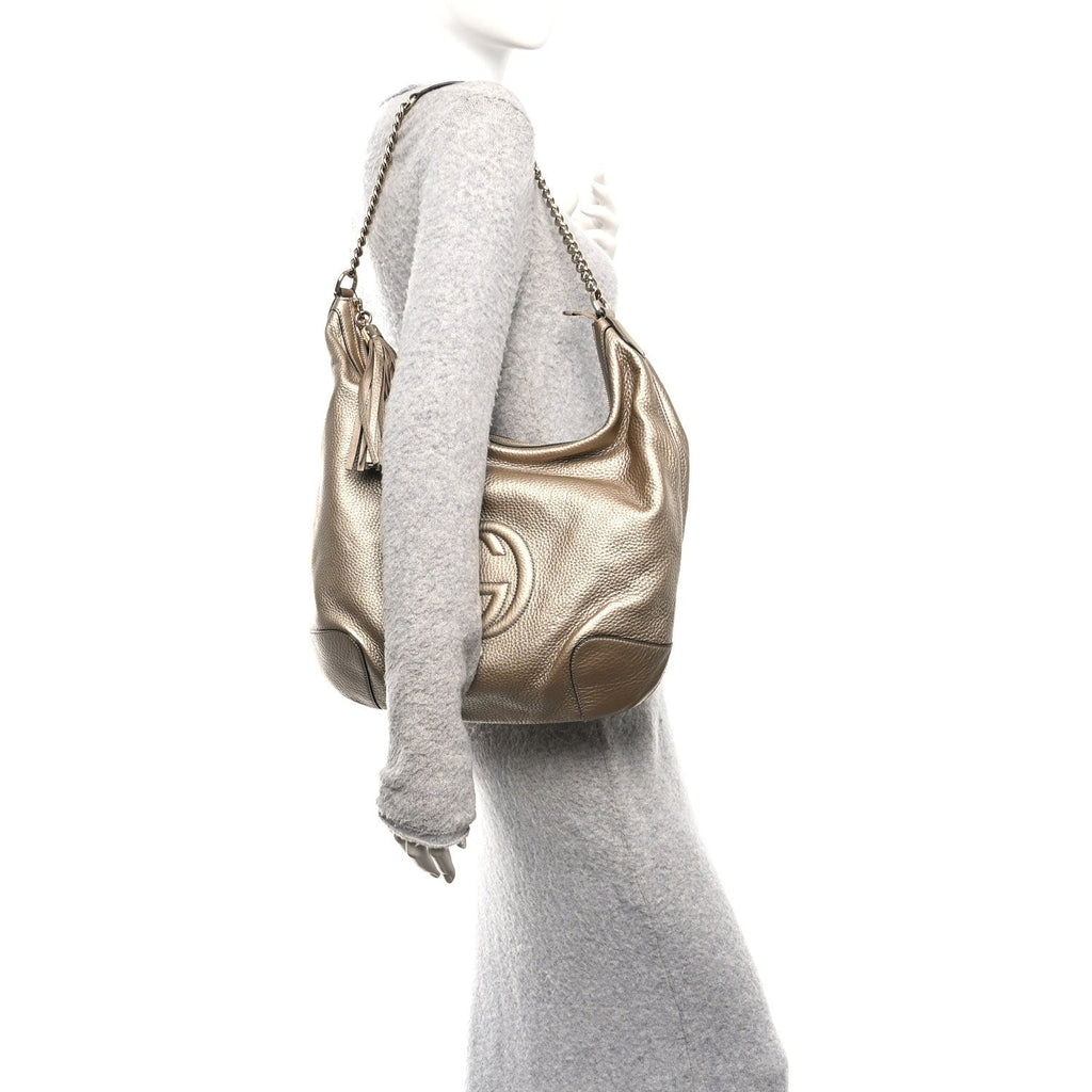 Metallic Pebbled Calfskin Medium Soho Chain Hobo Golden Beige