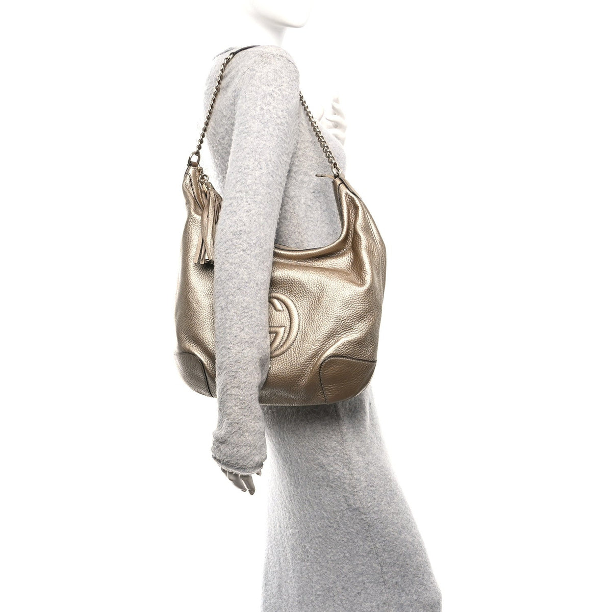 Metallic Pebbled Calfskin Medium Soho Chain Hobo Golden Beige