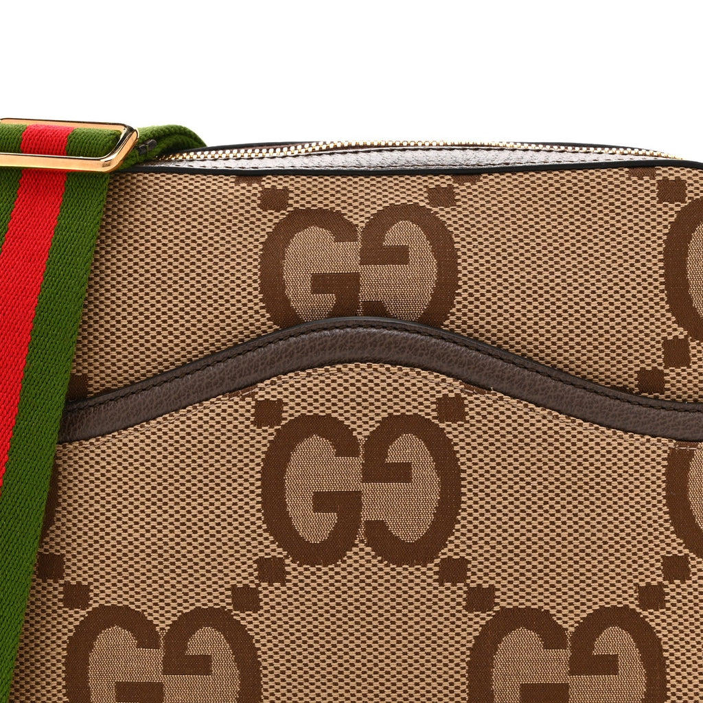 Monogram Jumbo GG Textured Dollar Calfskin Web Messenger Shoulder Bag Camel Ebony New Acero