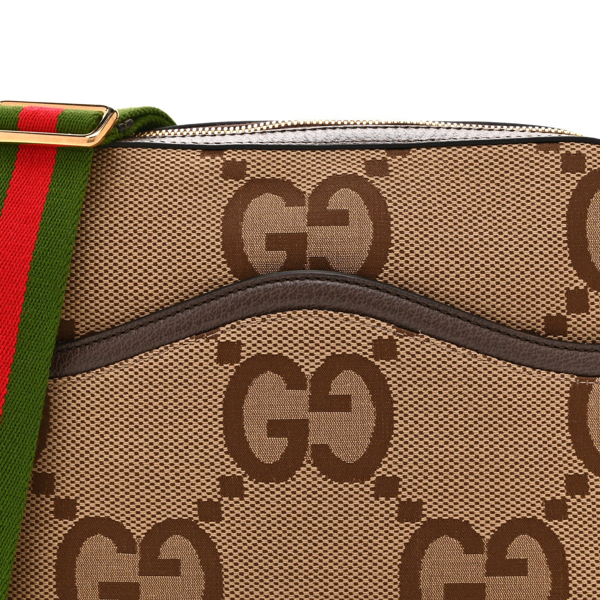 Monogram Jumbo GG Textured Dollar Calfskin Web Messenger Shoulder Bag Camel Ebony New Acero