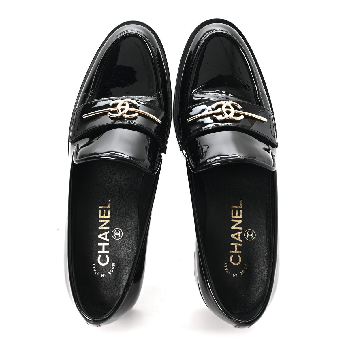 Patent Calfskin Metal CC Mocassin Loafers 38.5 Black