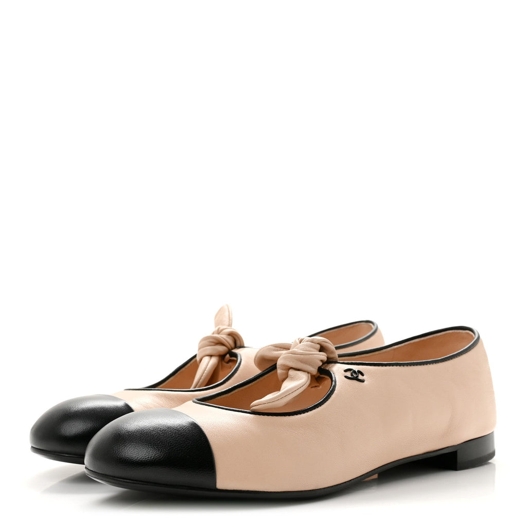 Lambskin Bow Mary Jane Flats 37 Beige Black