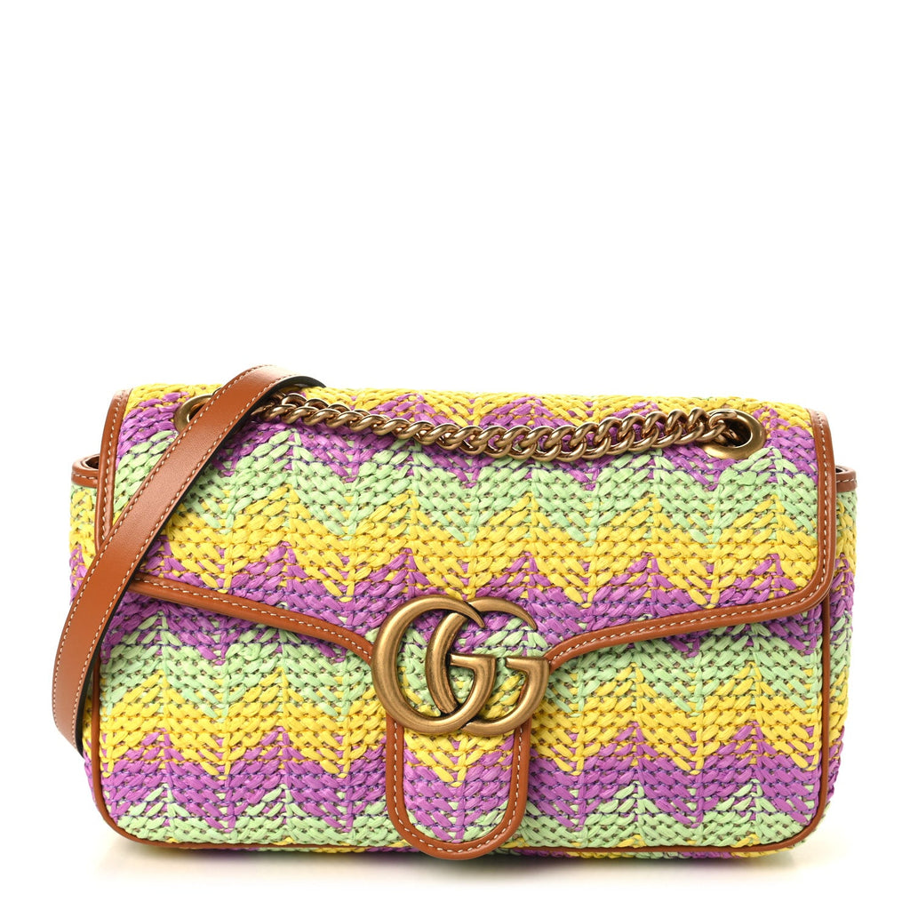 Calfskin Raffia Woven Small GG Marmont Shoulder Bag Multicolor