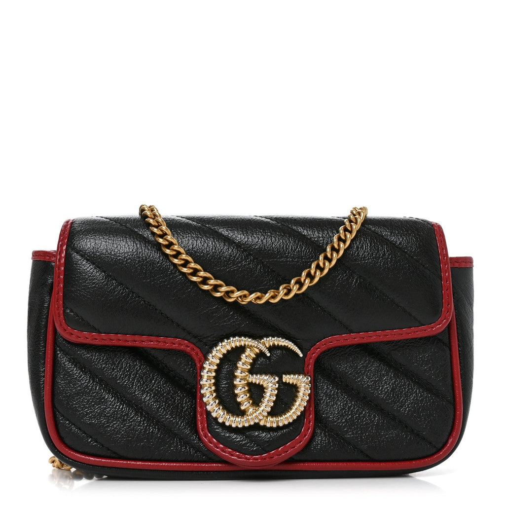 Vintage Effect Calfskin Matelasse Diagonal Super Mini Torchon GG Marmont Shoulder Bag Black Romantic Cherry