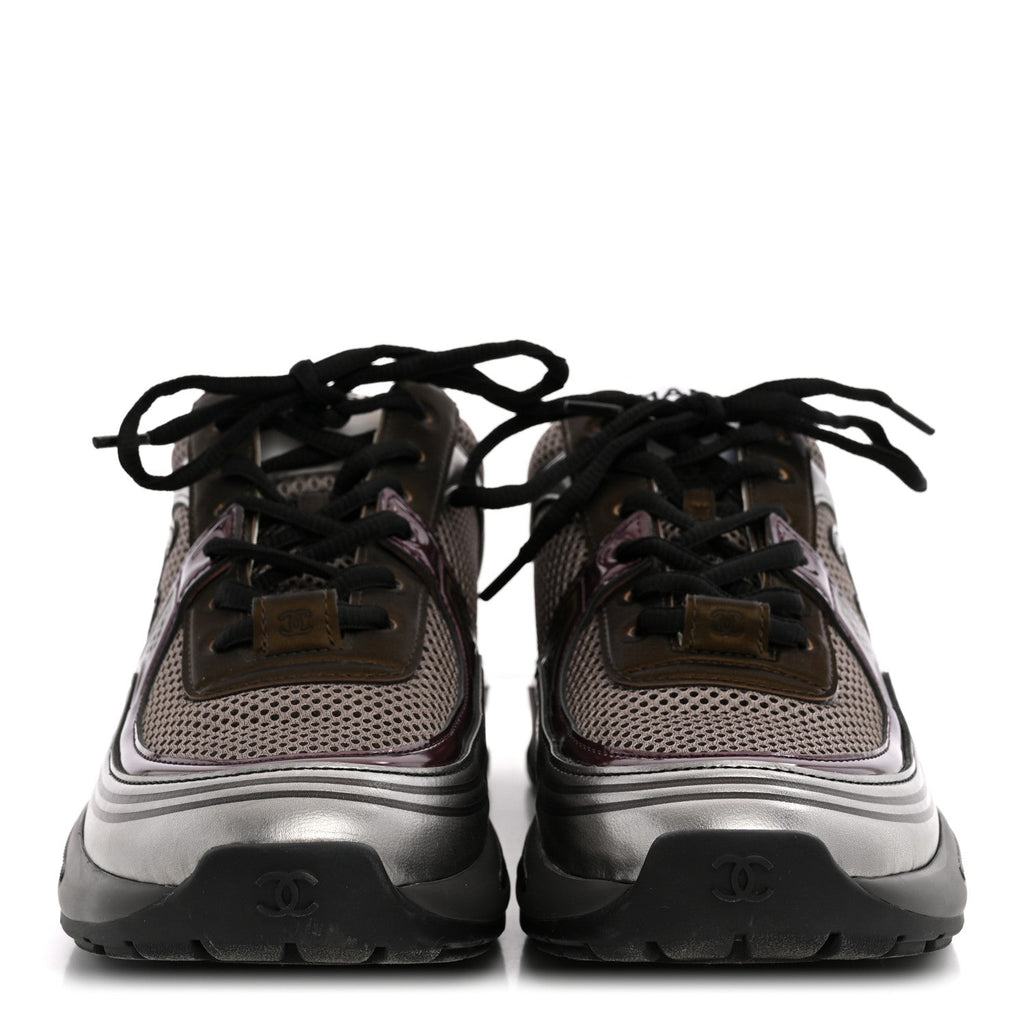 Fabric Laminated Calfskin Stretch CC Womens Sneakers 37.5 Khaki Silver Dark Purple