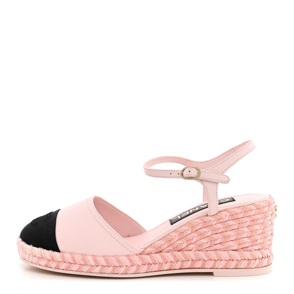 Lambskin Grosgrain CC Espadrilles Wedges 38 Pink Black