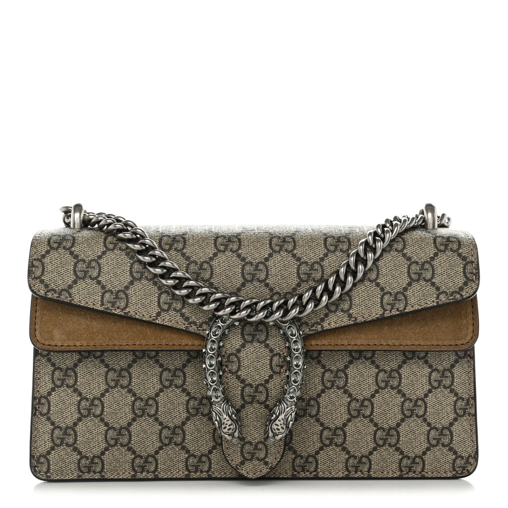 GG Supreme Monogram Suede Crystal Small Dionysus Shoulder Bag Beige Ebony Taupe
