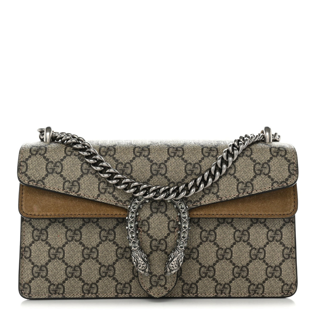GG Supreme Monogram Suede Crystal Small Dionysus Shoulder Bag Beige Ebony Taupe