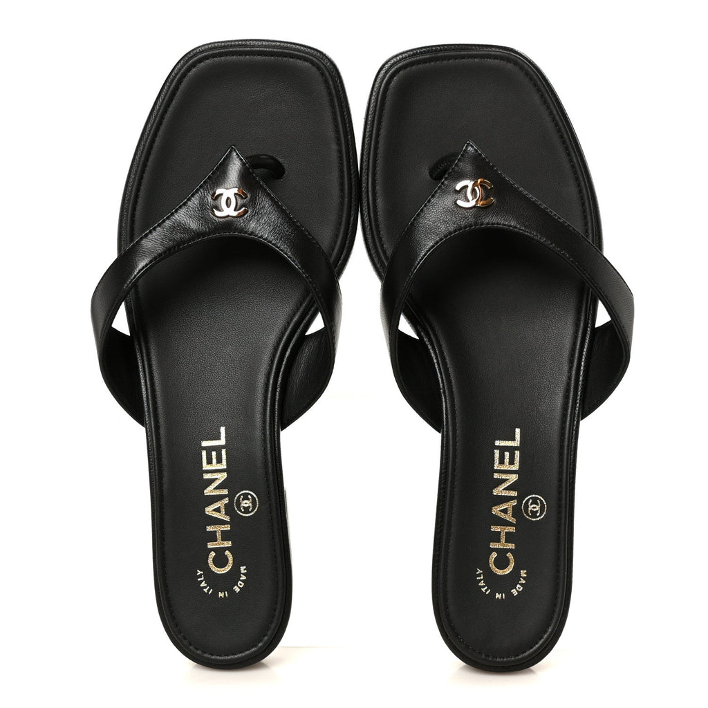 Lambskin CC Thong Sandals 37 Black