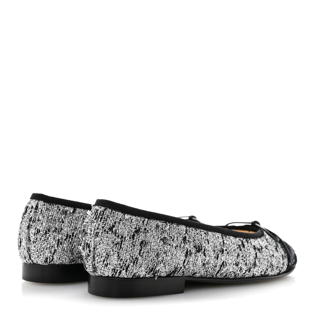 Tweed Sequin Cap Toe Ballerina Flats 35 Silver Black Blue