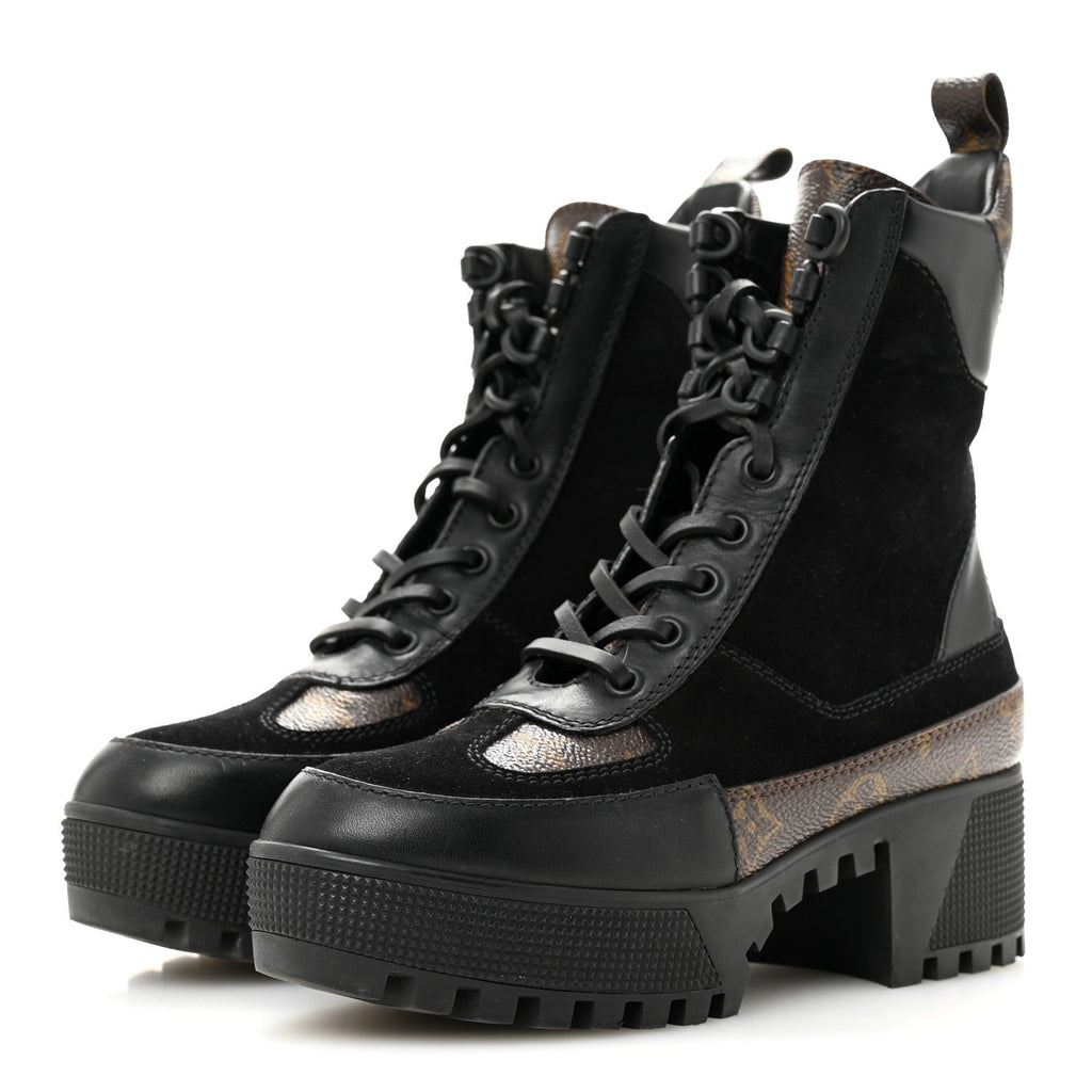 Suede Calfskin Monogram Laureate Platform Desert Boots 34.5 Black