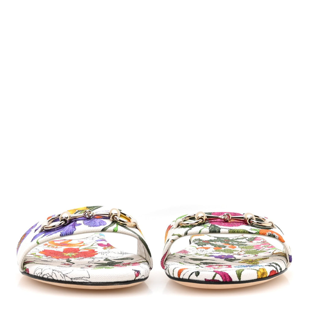 Canvas Flora Print Horsebit Slide Sandals 37 White