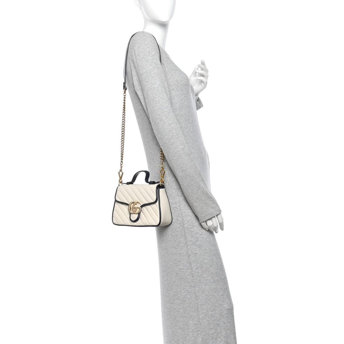 Vintage Effect Calfskin Matelasse Diagonal Mini Torchon GG Marmont Top Handle Shoulder Bag Mystic White Blue Agata