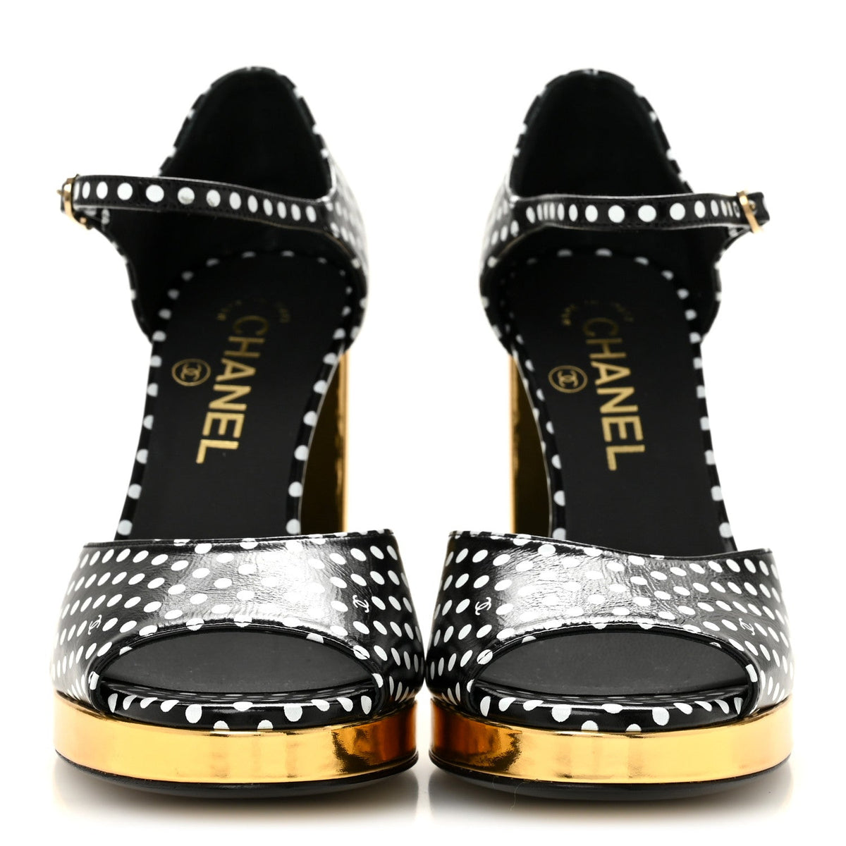 Printed Calfskin Polka Dot CC Platform Sandals 37 Black White