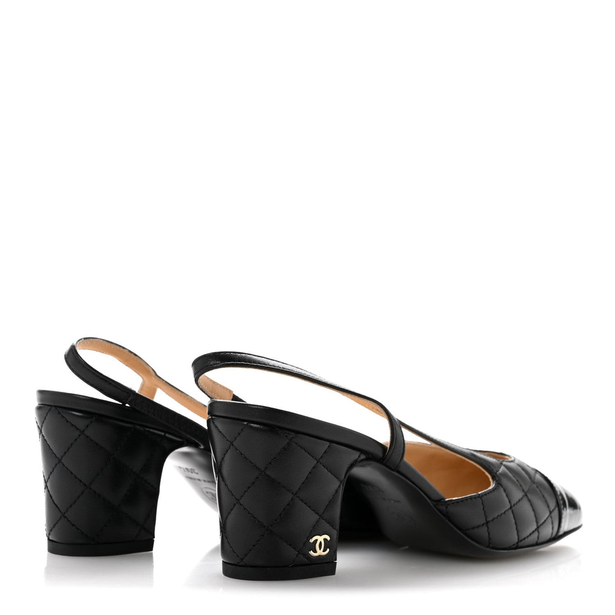 Lambskin Patent Calfskin Quilted Cap Toe CC Slingback Pumps 35.5 Black