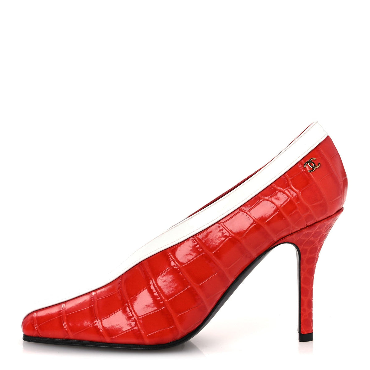 Crocodile Embossed Patent Calfskin Pumps 36.5 Coral White