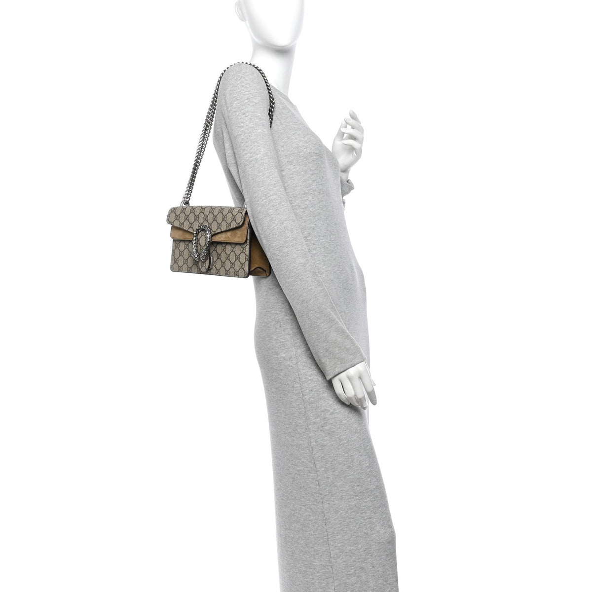 GG Supreme Monogram Suede Crystal Small Dionysus Shoulder Bag Beige Ebony Taupe