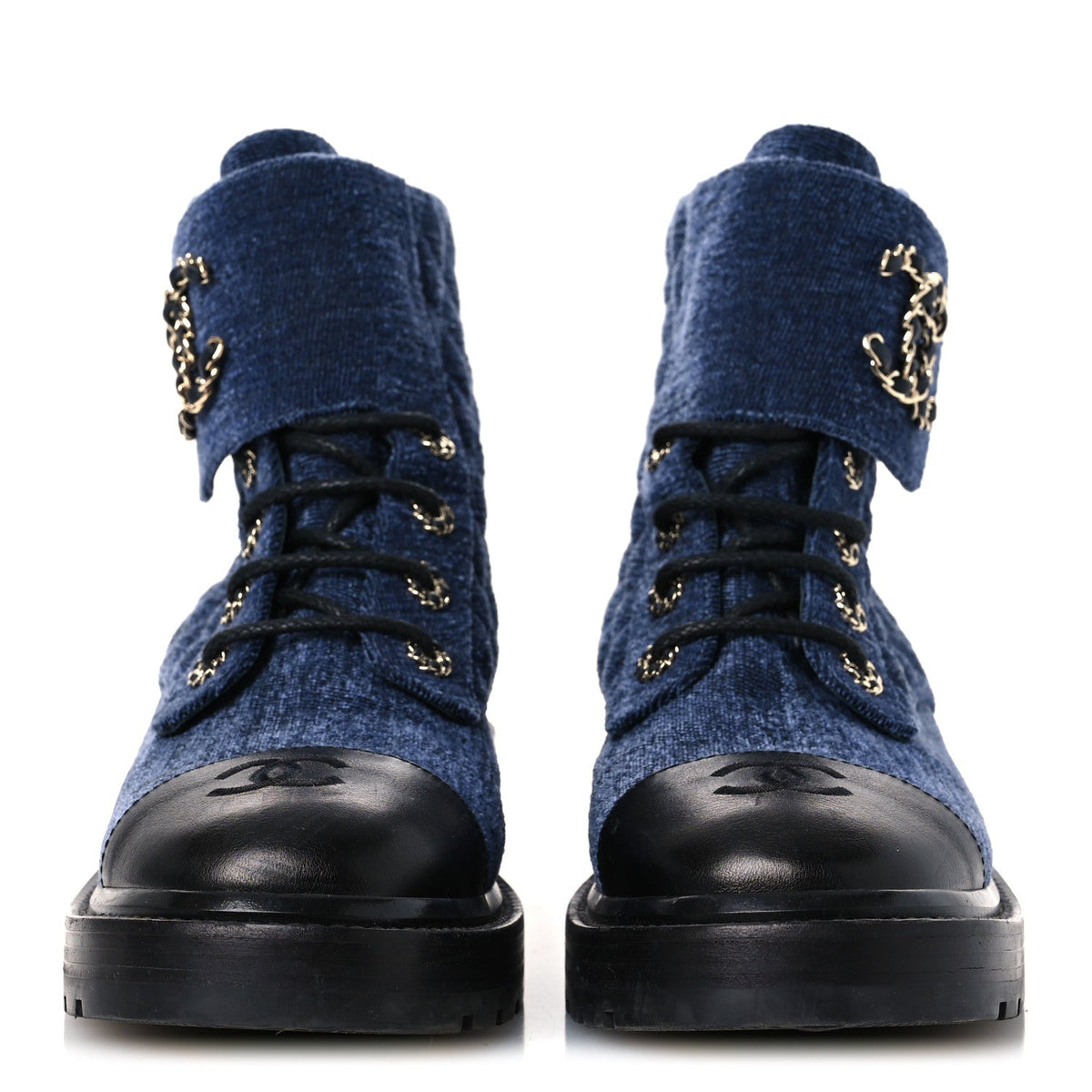 Shiny Calfskin Velvet Quilted Lace Up Combat Boots 39.5 Blue Black
