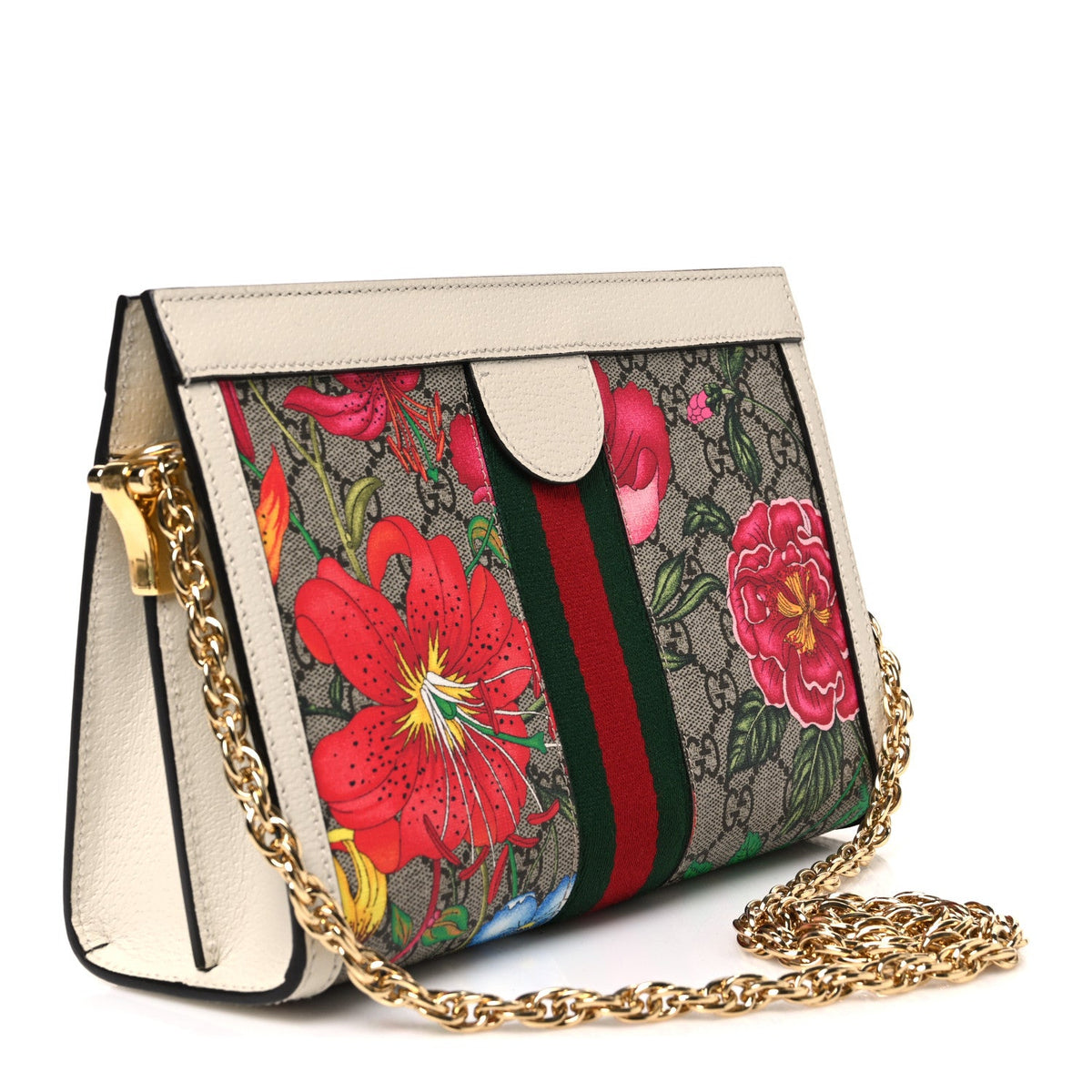 GG Supreme Monogram Flora Web Small Ophidia Chain Shoulder Bag White