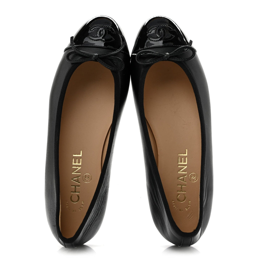Lambskin Patent Cap Toe Ballerina Flats 37 Black