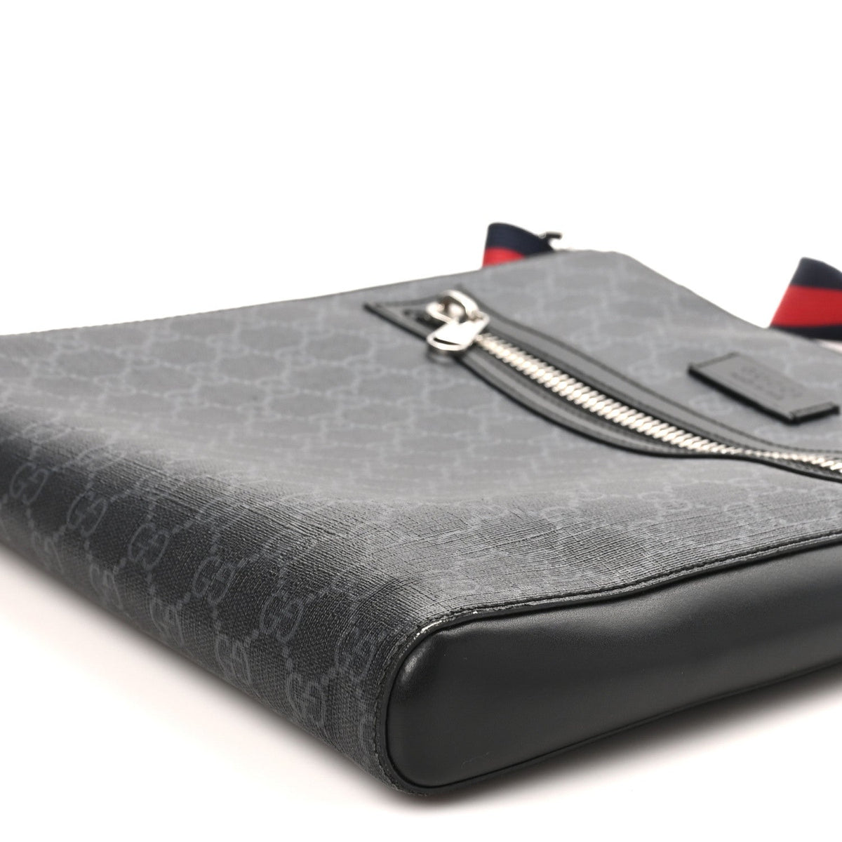 GG Supreme Monogram Appia Calfskin Web Flat Messenger Bag Black Grey