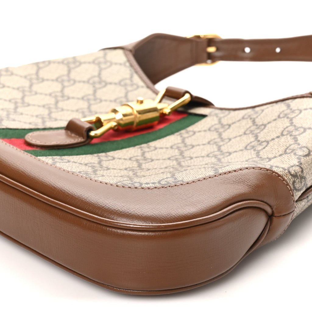 GG Supreme Monogram Azalea Calfskin Web Small Jackie 1961 Hobo Beige Ebony Brown Sugar