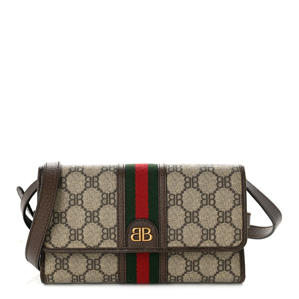 X BALENCIAGA BB Monogram Web Ophidia Crossbody Wallet Beige New Acero