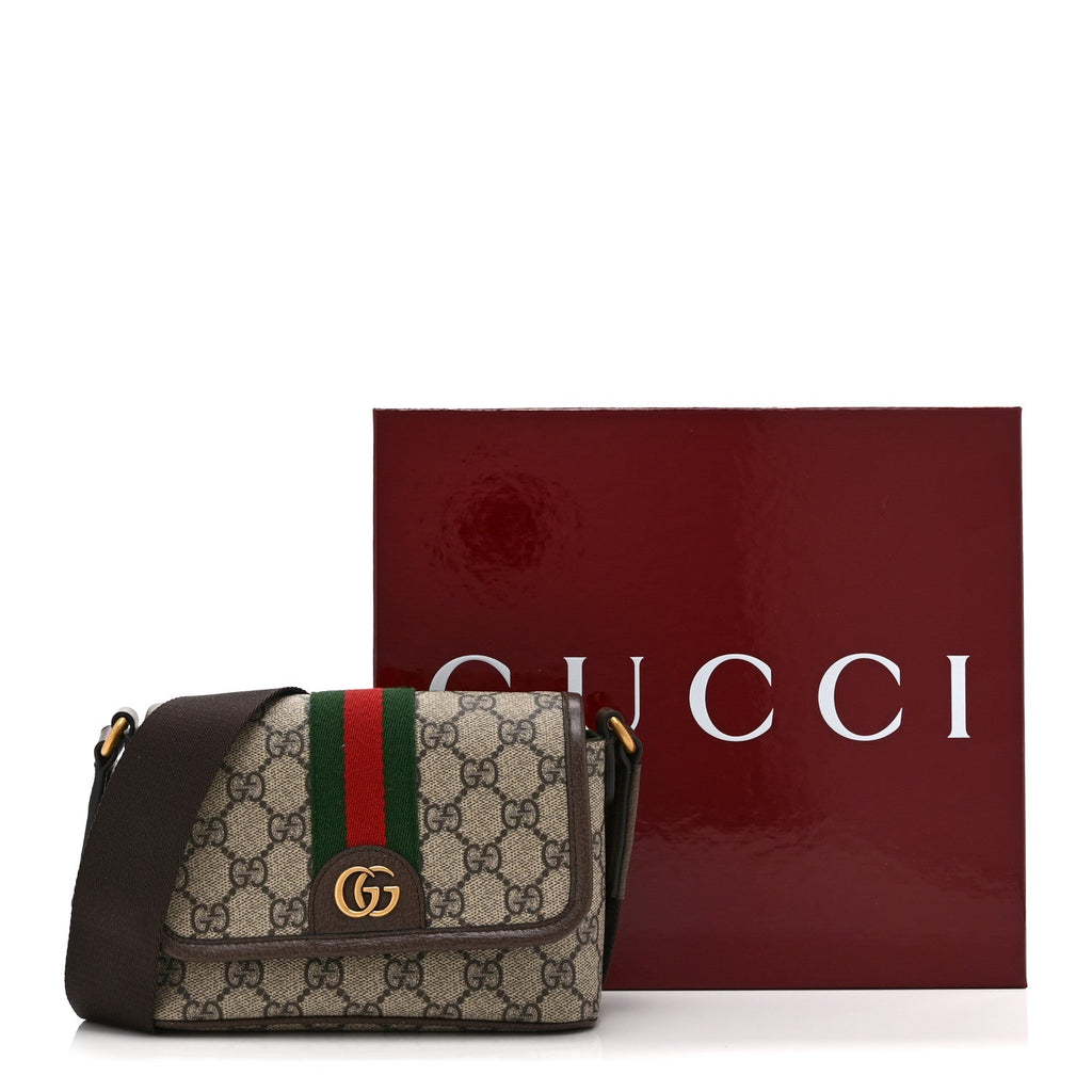 GG Supreme Monogram Textured Dollar Calfskin Web Mini Ophidia Shoulder Bag Beige Ebony New Acero