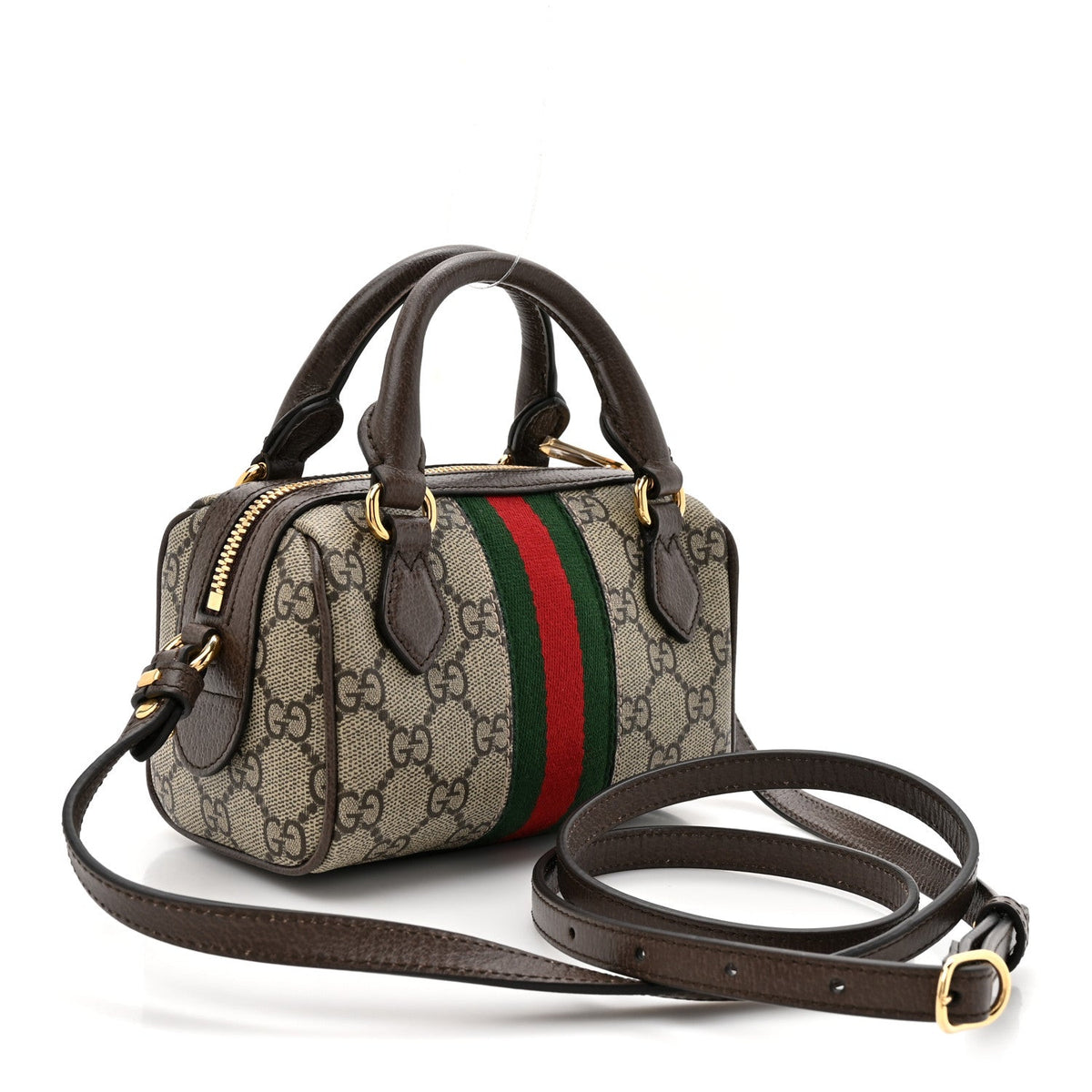 GG Supreme Monogram Textured Dollar Calfskin Web Super Mini Ophidia Top Handle Bowler Bag Beige Ebony New Acero