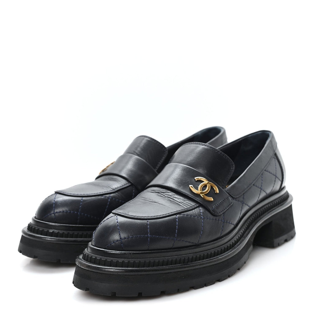 Calfskin Quilted CC Mocassin Loafers 38 Black
