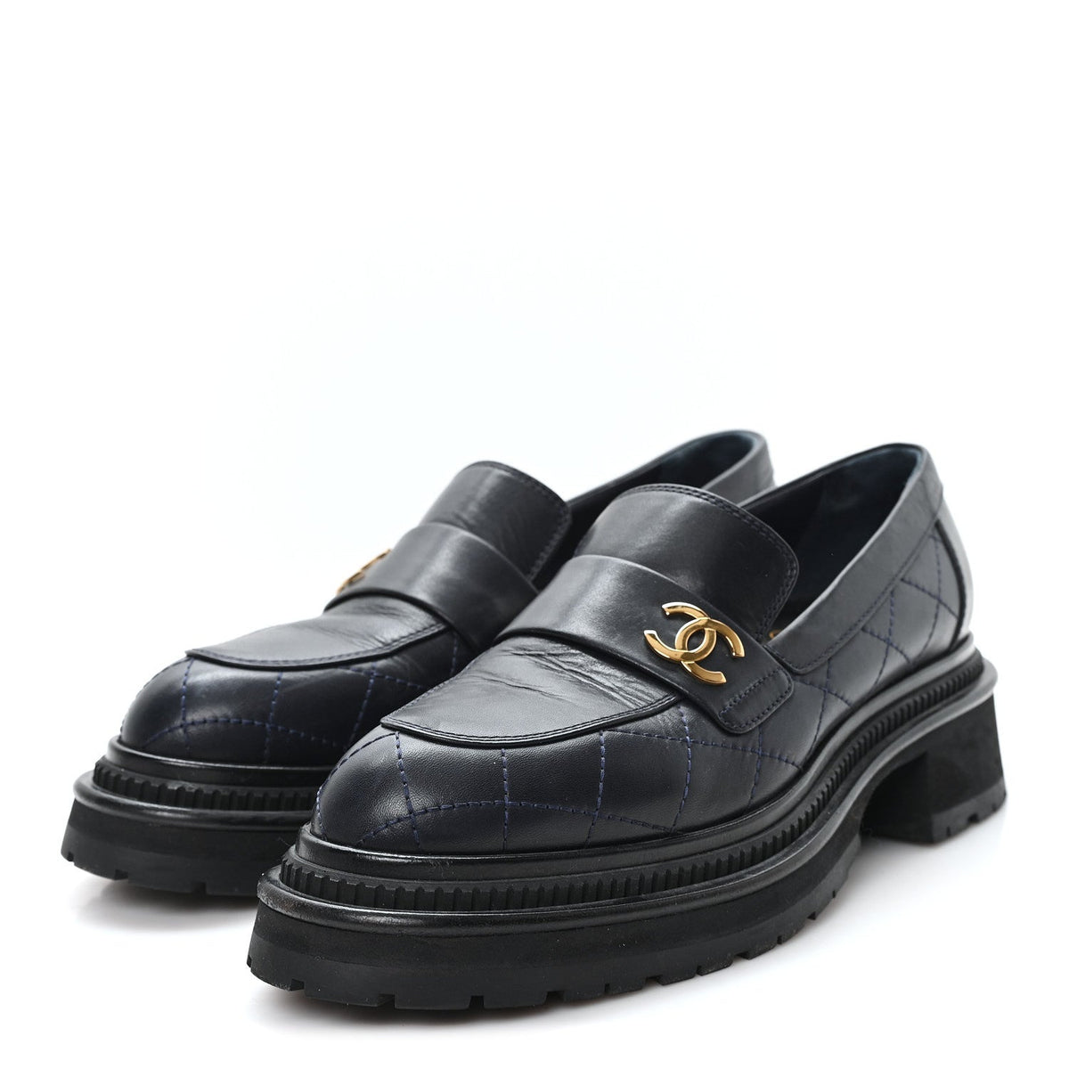 Calfskin Quilted CC Mocassin Loafers 38 Black