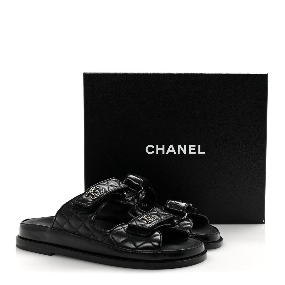Lambskin Quilted Velcro Dad Chain CC Slide Sandals 38 Black