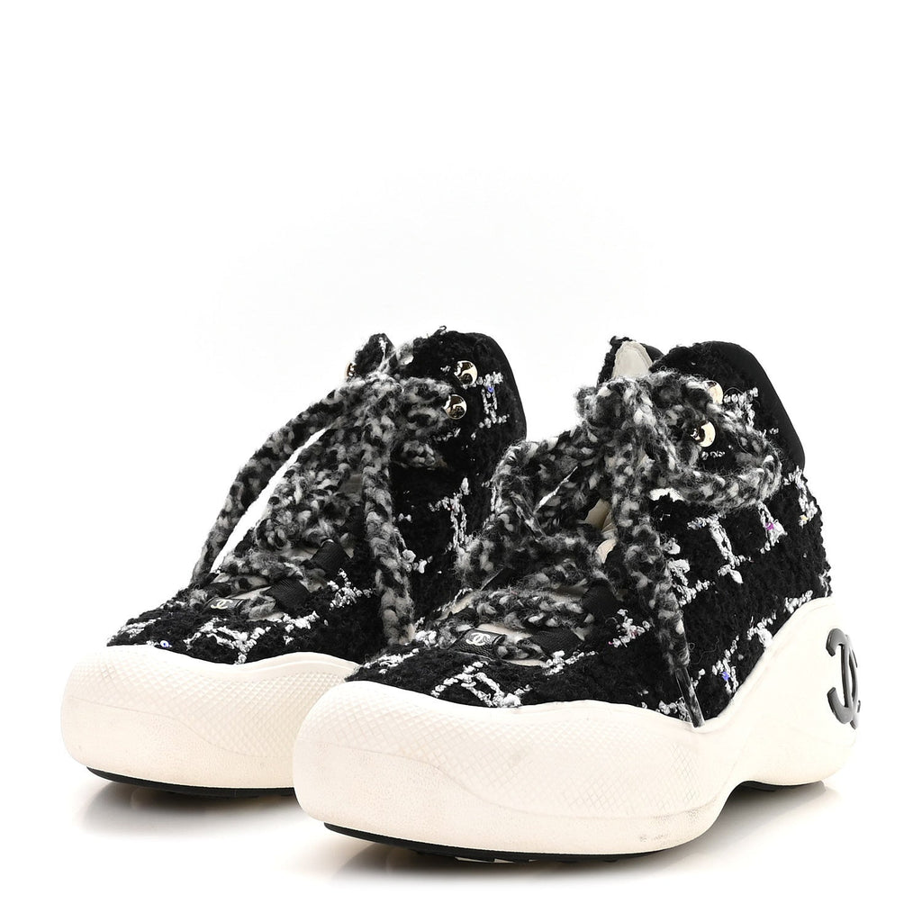 Tweed Sequins CC Lace Up Ankle Snow Boots 40 Black White