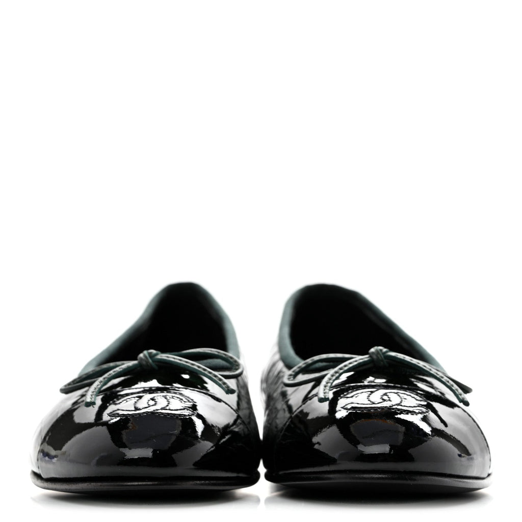 Patent Calfskin Crocodile Embossed Ballerina Flats 37 Dark Green Black