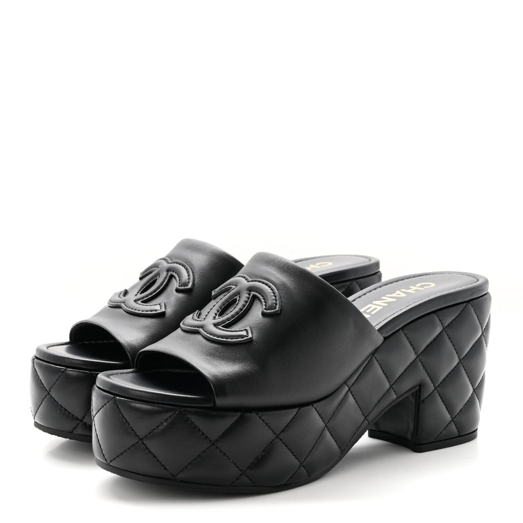 Lambskin Quilted CC Platform Mules 40 Black