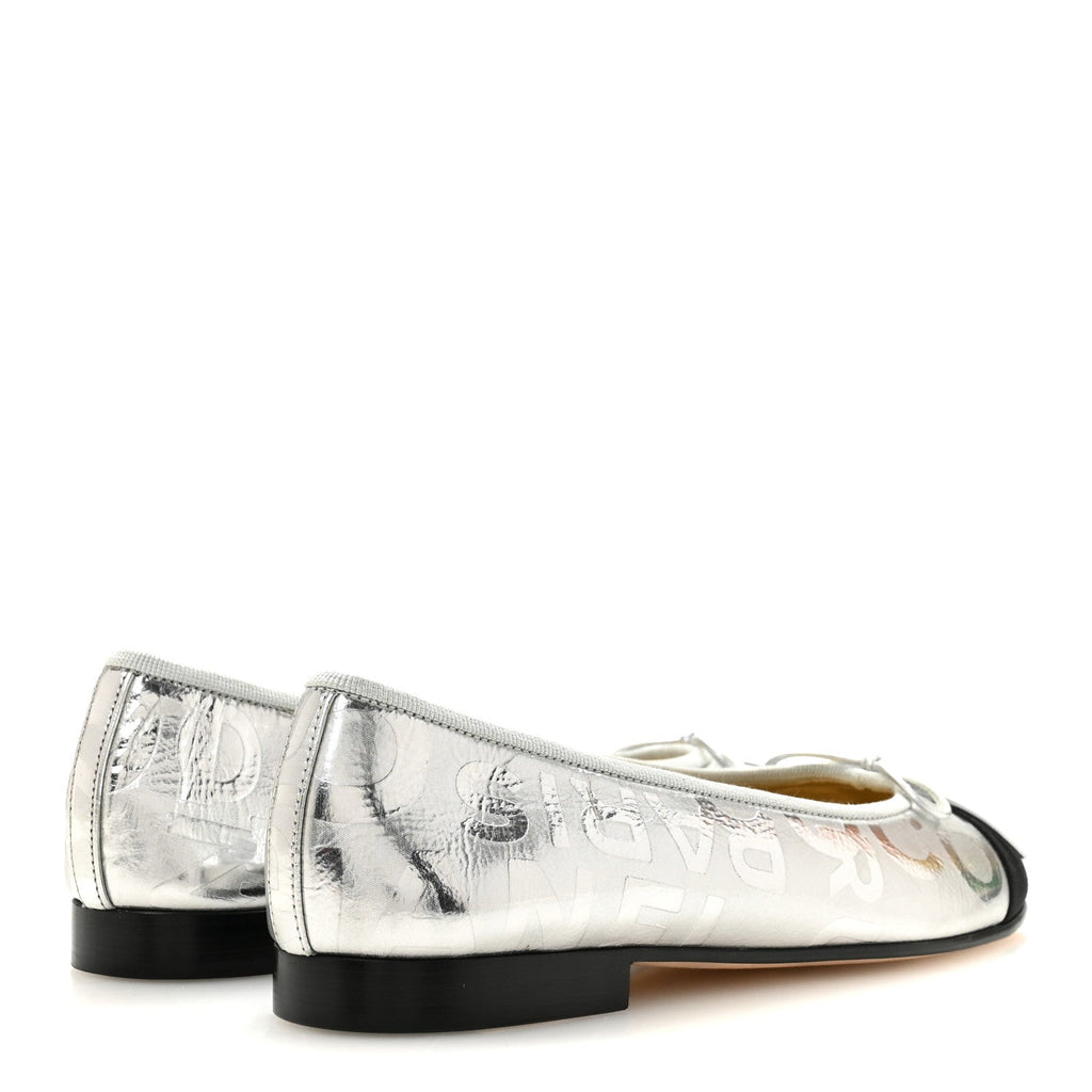Laminated Goatskin Grosgrain Cap Toe CC Ballerina Flats 36 Silver Black
