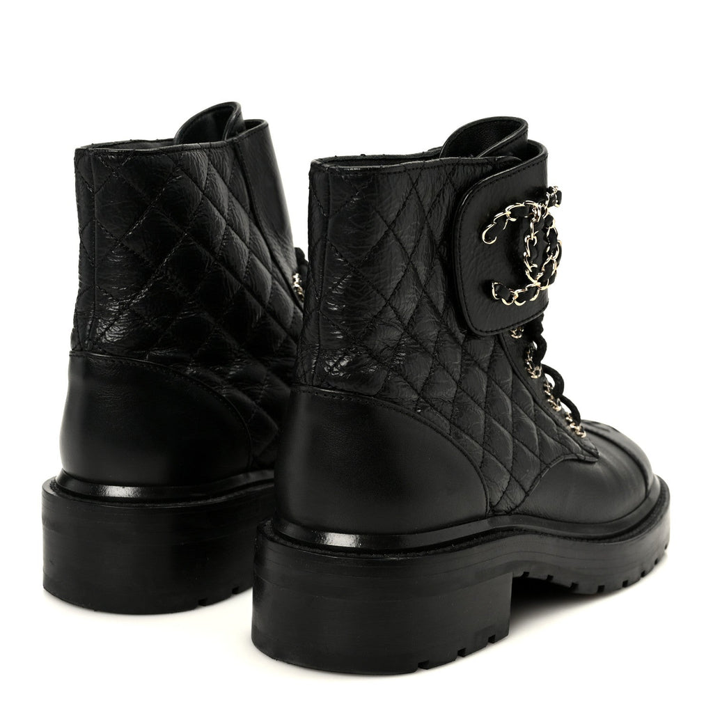 Shiny Goatskin Calfskin Quilted Lace Up Combat Boots 37.5 Black