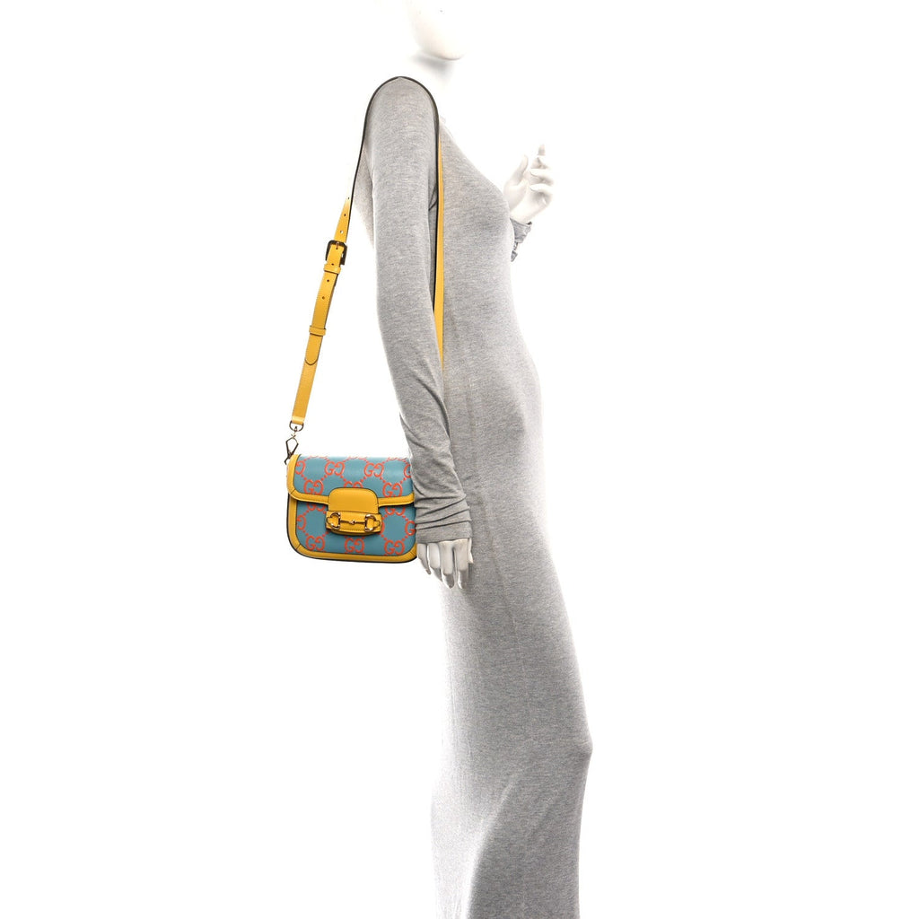 Azalea Calfskin GG Monogram Bi-Color Debossed Mini Horsebit 1955 Shoulder Bag Dusty Azure Stone Topaz Deep Orange