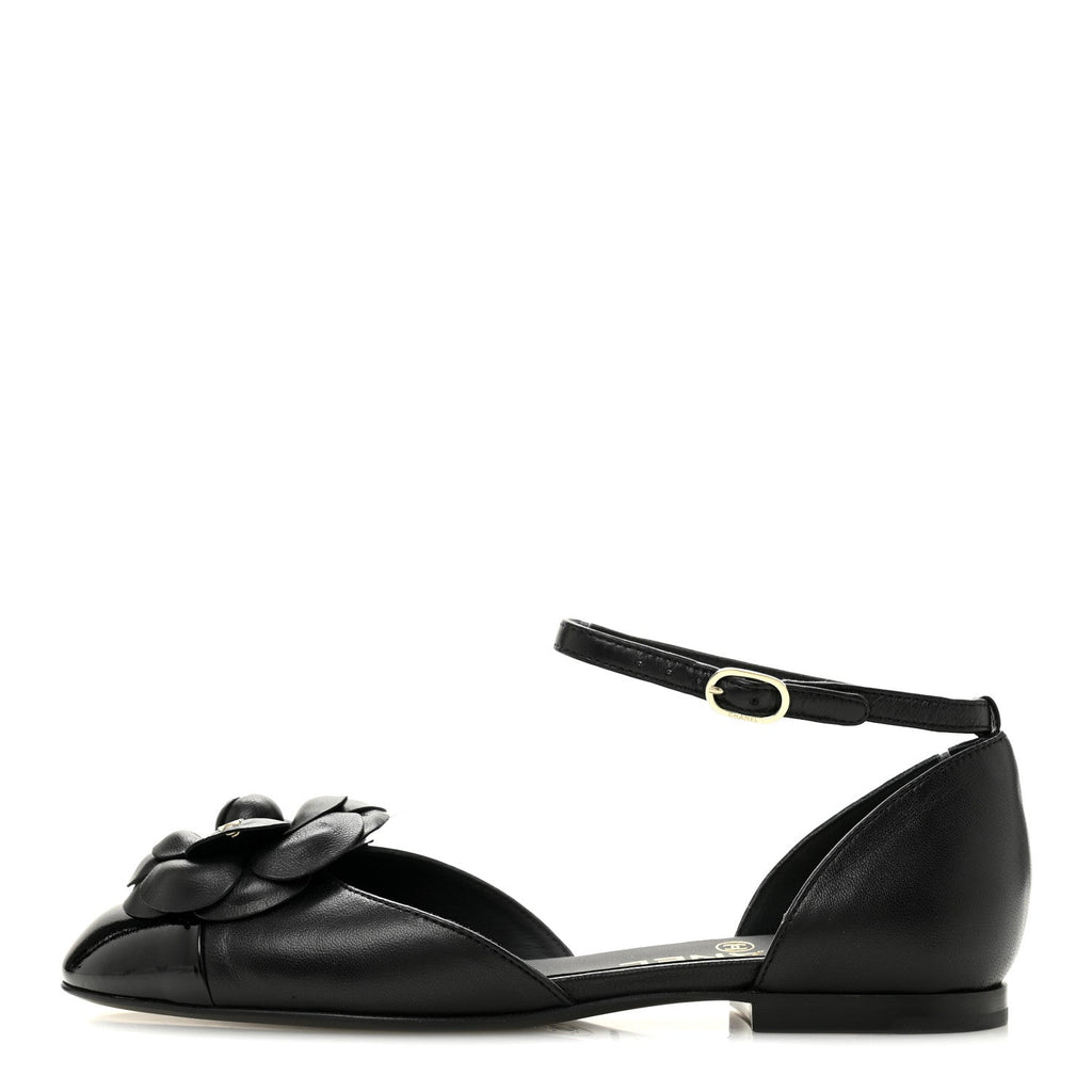 Lambskin Patent Calfskin Cap Toe Camellia Mary Jane Flats 36 Black